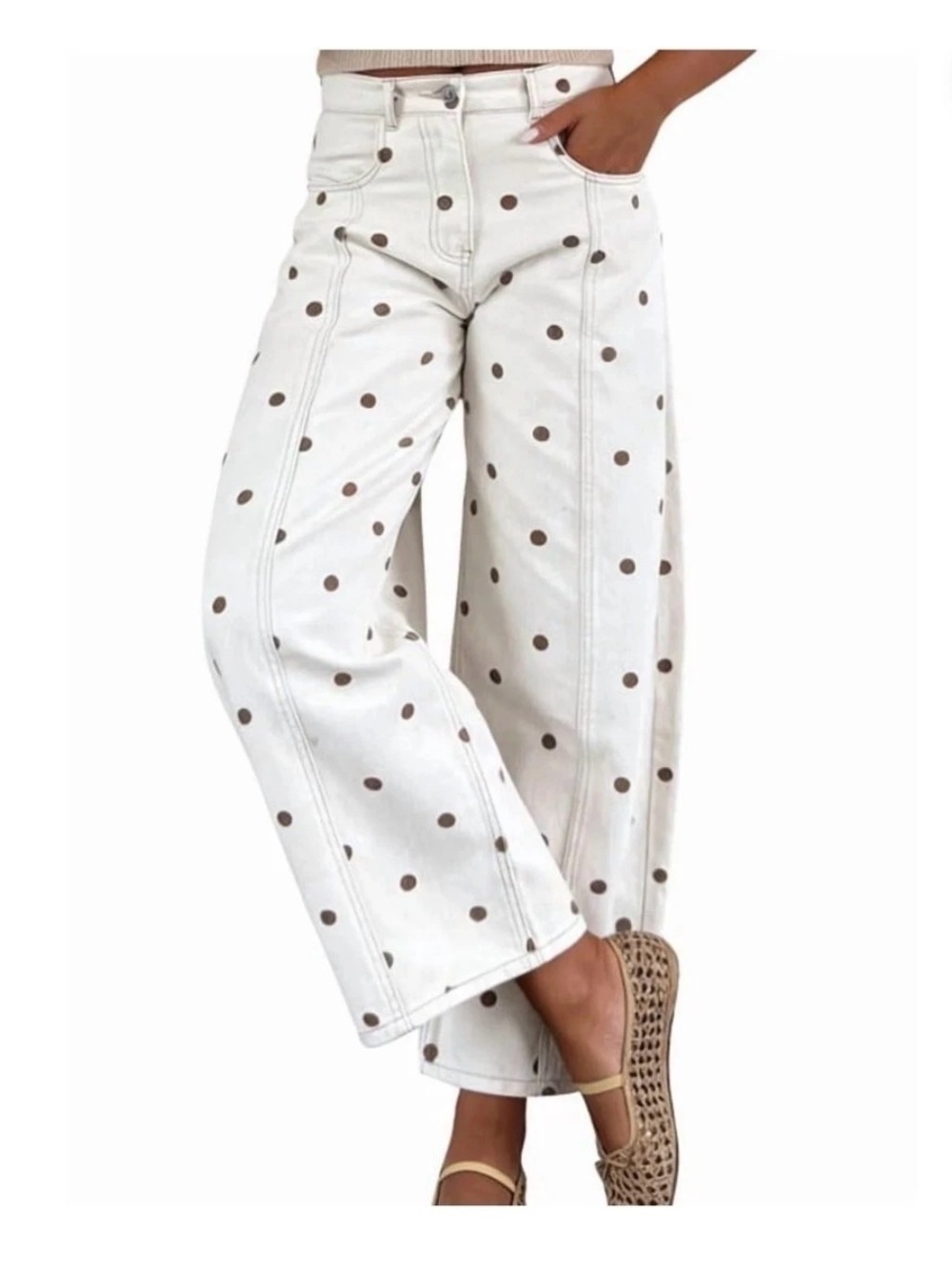 Women's White Wide-Leg Jeans| Brown Polka Dots Casual Mid Rise Denim Pants  Med